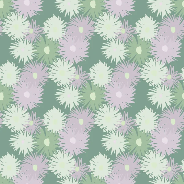 Seamless Spring Pattern Chrysanthemum Silhouettes Pale Background Soft Purple Green — Stock Vector