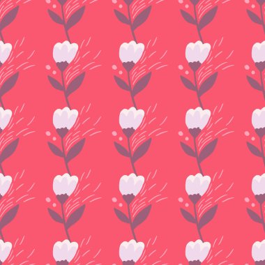 Parlak çiçek siluetleri. Gri saplı ve beyaz tomurcuklu pembe arka plan. Biçimlendirilmiş botanik izi. Duvar kağıdı, tekstil, ambalaj kağıdı ve kumaş baskısı için tasarlanmış. Vektör illüstrasyonu.