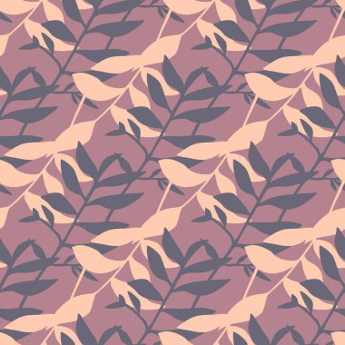 Lacivert ve açık turuncu renkli yaprak dalları olan asgari kalitede dikişsiz desenler. Mor arka plan. Duvar kağıdı, tekstil, ambalaj kağıdı, kumaş baskısı için harika. Vektör illüstrasyonu.