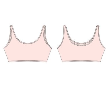 Açık pembe renkli spor sutyenli, beyaz arka planda izole edilmiş teknik çizim. Yoga iç çamaşırı tasarım şablonu. Kızlar için günlük kıyafetler. Ön ve arka manzara. Vektör illüstrasyonu