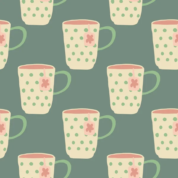 Tea Cups Dots Flower Seamless Pattern Kitchen Dish Silhouettes Light — Stock Vector