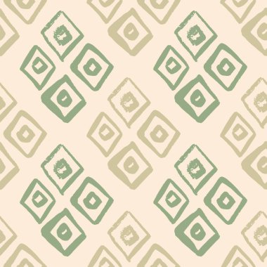 Pastel eşkenar dörtgen elementler kusursuz desen. Yeşil ve bej elementli açık arkaplan. Duvar kağıdı, tekstil, ambalaj kağıdı, kumaş baskısı için mükemmel. Vektör illüstrasyonu.
