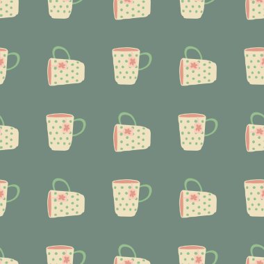 El çizimi, kusursuz bardak deseni. Gri arka planda basit bulaşık siluetleri. Duvar kağıdı, tekstil, ambalaj kağıdı, kumaş baskısı için dekoratif zemin. Vektör illüstrasyonu.