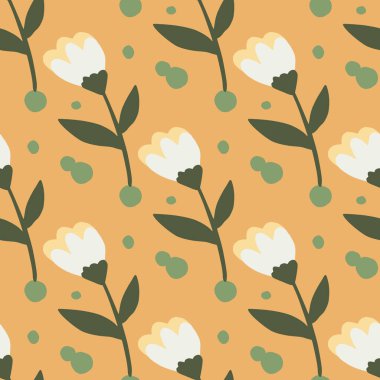 Çiçeksiz çiçek desenli, basit siluetler. Turuncu arka planda beyaz tomurcuklar ve kahverengi saplar. Duvar kağıdı, tekstil, ambalaj kağıdı, kumaş baskısı için mükemmel. Vektör illüstrasyonu.