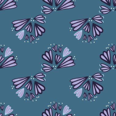 Dış hatları çizilmiş çiçek siluetleriyle kusursuz desen. Mor ve mavi karalama elementleri donanmanın soluk arka planında. Duvar kağıdı, tekstil, ambalaj kağıdı ve kumaş baskısı için tasarlanmış. Vektör illüstrasyonu.