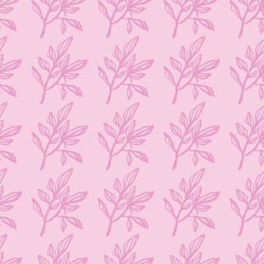 Leylak, botanik dallarında iz bırakmış. Yumuşak pembe arka planda basit bir botanik süsü. Duvar kağıdı, tekstil, ambalaj kağıdı, kumaş baskısı için harika. Vektör illüstrasyonu.
