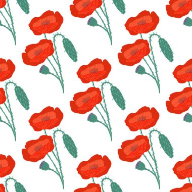 Parlak gelincik çiçek süsü, izole edilmiş, pürüzsüz desen. Beyaz arka planda kırmızı çiçek süsü. Duvar kağıdı, tekstil, ambalaj kağıdı, kumaş baskısı için mükemmel. Vektör illüstrasyonu.