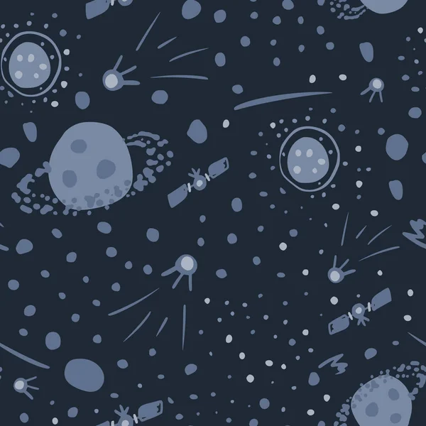 星や衛星と暗い空間のシームレスなパターン ネイビーブルーの背景 様式化された宇宙の芸術 包装紙 生地の印刷のための素晴らしい ベクターイラスト — ストックベクタ
