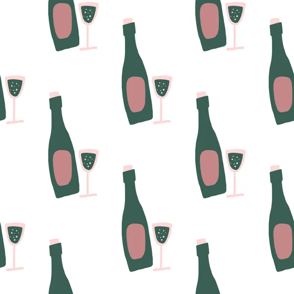 Wein Und Glas Einfache Doodle Ornament Nahtlose Muster Weißer Hintergrund — Stockvektor