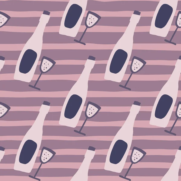 Şarabın dikişsiz şekli. Yaratıcı alkol şişesi şekilleri ve soyulmuş arka planda bardaklar. Soluk leylak, mor ve lacivert palet. Duvar kağıdı, tekstil, ambalaj, kumaş için. Vektör illüstrasyonu.