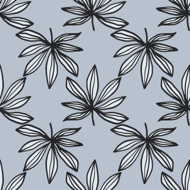 Elle çizilmiş kenevir yapraklarıyla kusursuz desen. Beyaz ve deniz kuvvetleri mavi arka planda uyuşturucu unsurları oluşturuyor. Duvar kağıdı, ambalaj kağıdı, tekstil baskısı, kumaş için mükemmel. Vektör illüstrasyonu.