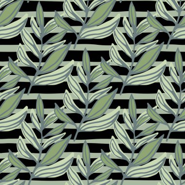 Taslak yaprak dalı siluetleri pürüzsüz desen. Siyah şeritli bir arka plan. Yeşil tonlu botanik süsü. Duvar kağıdı, tekstil, ambalaj, kumaş baskısı için dekoratif zemin. Vektör illüstrasyonu