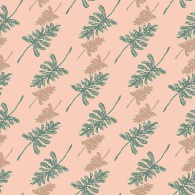 Yaprak dalları pürüzsüz el çizimi desenli süslemeler. Pembe yumuşak arka planda yeşil ve bej siluetler. Duvar kağıdı, tekstil, ambalaj kağıdı, kumaş baskısı için dekoratif zemin. Vektör illüstrasyonu.