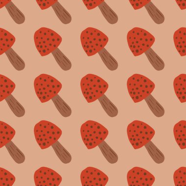 Şekillendirilmiş orman desenli dikişsiz mantar deseni. Yaratıcı amanitas bej arka planda kırmızı tonda basit siluetler. Duvar kağıdı, tekstil, ambalaj kağıdı, kumaş baskısı için harika. Vektör illüstrasyonu.