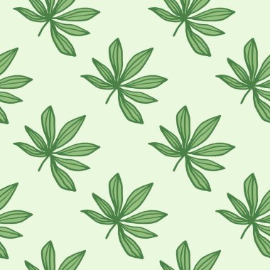 Basit kenevir siluetleri pürüzsüz desenler oluşturuyor. Açık renkli pastel arka planda yeşil yapraklar. Duvar kağıdı, ambalaj kağıdı, tekstil baskısı, kumaş için dekoratif zemin. Vektör illüstrasyonu.