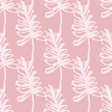 El çizimi ağaç siluetleri pürüzsüz desen. Pembe pastel arka planda beyaz şekilli süs. Duvar kağıdı, tekstil, ambalaj kağıdı, kumaş baskısı için harika. Vektör illüstrasyonu.
