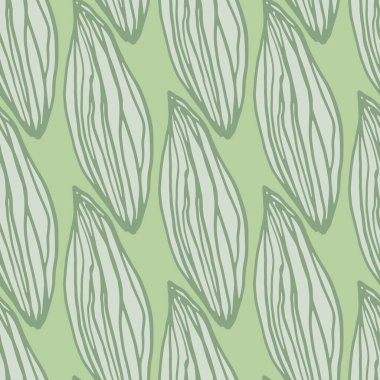 Taslak, kusursuz el çizimi kalıpları bırakır. Yeşil pastel palette stilize botanik izi. Duvar kağıdı, tekstil, ambalaj kağıdı, kumaş baskısı için mükemmel. Vektör illüstrasyonu.