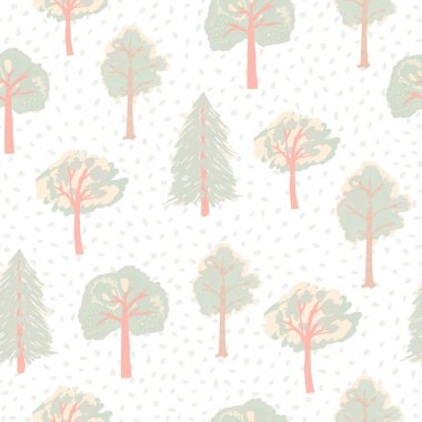 Pastel ışığı, yumuşak mor ağaç siluetleriyle izole edilmiş pürüzsüz bir desen. Beyaz arka plan. Stilize edilmiş parmak izi. Duvar kağıdı, tekstil, ambalaj kağıdı ve kumaş baskısı için tasarlanmış. Vektör illüstrasyonu.