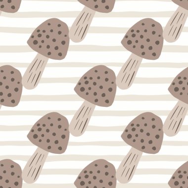 Mantar süsüsüyle desensiz soluk orman deseni. Soyunmuş arka plan. Açık bej ve beyaz palet çizimleri. Duvar kağıdı, tekstil, ambalaj kağıdı, kumaş baskısı için harika. Vektör illüstrasyonu.