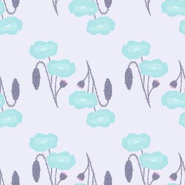 Pastel dikişsiz gelincik çiçeği deseni. Açık gri arkaplanda botanik mavisi süs. Basit bir çiçek arkaplanı. Duvar kağıdı, tekstil, ambalaj kağıdı, kumaş baskısı için mükemmel. Vektör illüstrasyonu.