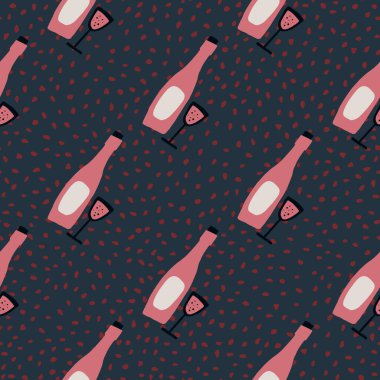 Karalama şarap süsüsüyle kararmış, pürüzsüz desen. Arka planda pembe şişe ve cam var. Duvar kağıdı, tekstil, ambalaj kağıdı, kumaş baskısı için mükemmel. Vektör illüstrasyonu.