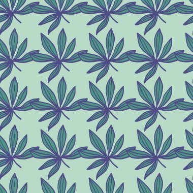 Geometrik dikişsiz ilaç kağıdı kalıbı. Esrar yaprakları yeşil ve mavi renklerde ve açık renkli arka planda. Duvar kağıdı, ambalaj, tekstil baskısı, kumaş için dekoratif zemin. Vektör illüstrasyonu.