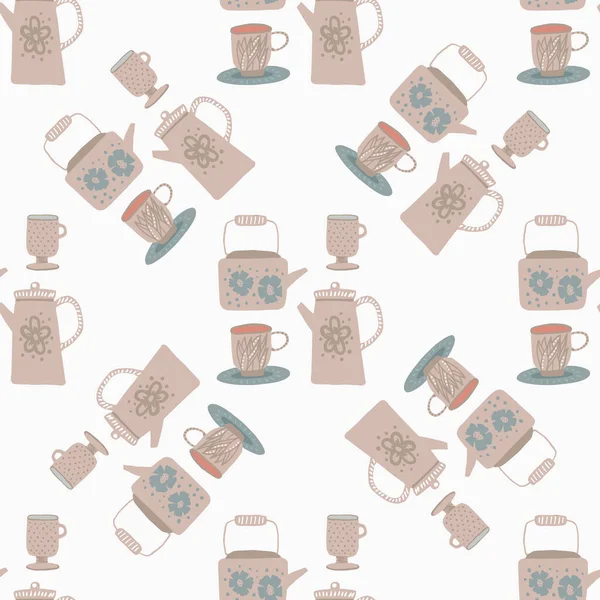 Isolated Teapots Cup Ornament Seamless Doodle Pattern Hand Drawn Kitchen — Stock Vector