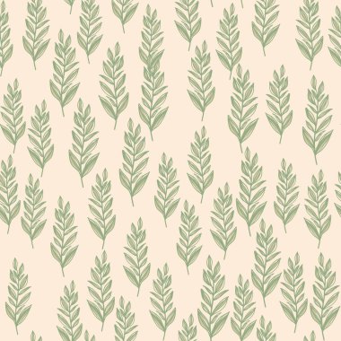 Rastgele, çiçekli süslemeli, dikişsiz desen. Yeşil çizgili yapraklar ışık arka planında şekillenir. Duvar kağıdı, tekstil, ambalaj kağıdı, kumaş baskısı için. Vektör illüstrasyonu.
