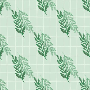 Yaprak dalları olan basit, dikişsiz botanik deseni. Açık turkuaz arka planda yeşil çizgili süs, tamam. Duvar kağıdı, tekstil, ambalaj kağıdı, kumaş için mükemmel. Vektör illüstrasyonu.