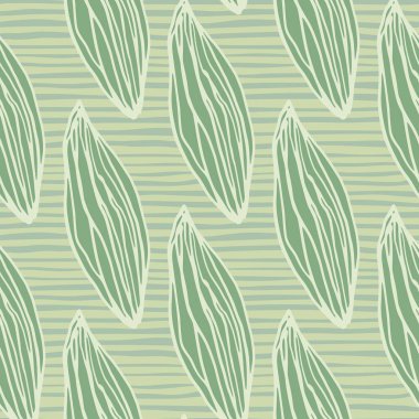 Pastel yeşil yapraklar, dikişsiz el çizimi desen. Arka planı soyulmuş taslak bir süs. Duvar kağıdı, tekstil, ambalaj kağıdı, kumaş baskısı için mükemmel. Vektör illüstrasyonu.