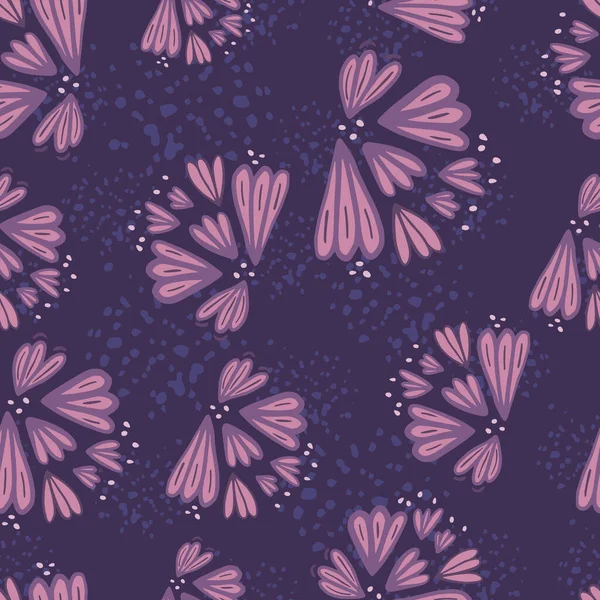 Random Lilac Outline Flower Silhouettes Seamless Pattern Dark Purple Background — Stock Vector