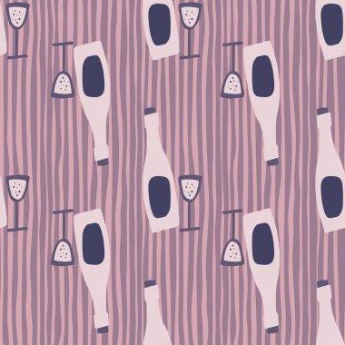 Elle çizilmiş alkol izi yok. Pembe ve lacivert camlı şarap şişesi. Soyunmuş arka plan. Duvar kağıdı, tekstil, ambalaj kağıdı, kumaş baskısı için mükemmel. Vektör illüstrasyonu.