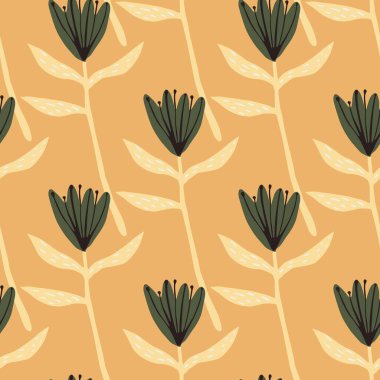 Yeşil çiçekli, siluetli ve sarı dallı kusursuz karalama yaz deseni. Turuncu renkli arka plan. Yaratıcı tasarım. Ambalaj kağıdı, tekstil, kumaş baskısı ve duvar kağıdı için. Vektör illüstrasyonu