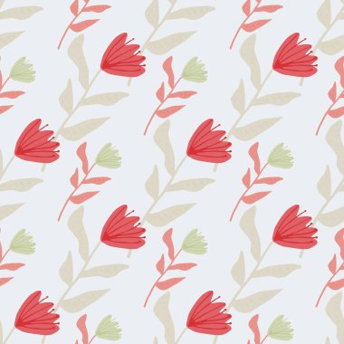 Pastel yumuşak lale çiçekleri pürüzsüz desen. Kırmızı botanik elementler arka planda. Tarz sahibi sanat eserleri. Duvar kağıdı, tekstil, ambalaj kağıdı, kumaş baskısı için dekoratif zemin. Vektör illüstrasyonu.