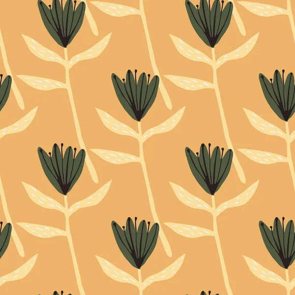 Yeşil çiçekli, siluetli ve sarı dallı kusursuz karalama yaz deseni. Turuncu renkli arka plan. Yaratıcı tasarım. Ambalaj kağıdı, tekstil, kumaş baskısı ve duvar kağıdı için. Vektör illüstrasyonu