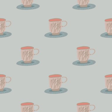 Pastel yumuşak, dikişsiz çay fincanı deseni. Tabaklarda yeşillik süsü. Pembe ve mavi ışık paleti. Duvar kağıdı, tekstil, ambalaj kağıdı, kumaş baskısı için harika. Vektör illüstrasyonu.