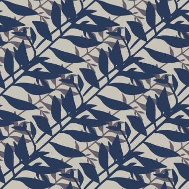 Koyu lacivert yaprak süslemesiz desen. Gri arka plan. Klasik tropikal fon. Duvar kağıdı, tekstil, ambalaj kağıdı ve kumaş baskısı için tasarlanmış. Vektör illüstrasyonu.