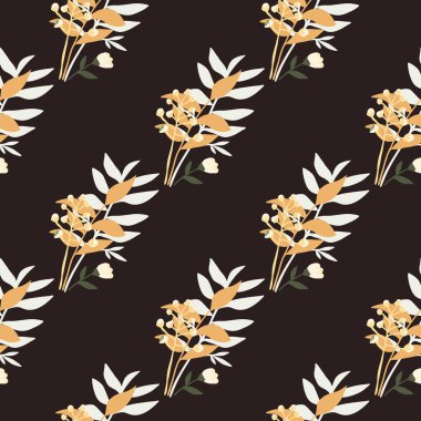 Sonbahar, turuncu ve beyaz tonlu, dikişsiz mevsim desenli orman buket süsü. Koyu kahverengi arka plan. Duvar kağıdı, tekstil, ambalaj kağıdı ve kumaş baskısı için tasarlanmış. Vektör illüstrasyonu.