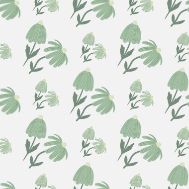 İzole edilmiş papatya çiçeği deseni. Beyaz zemin üzerinde hafif turkuaz elementler. Duvar kağıdı, tekstil, ambalaj kağıdı ve kumaş baskısı için tasarlanmış. Vektör illüstrasyonu.