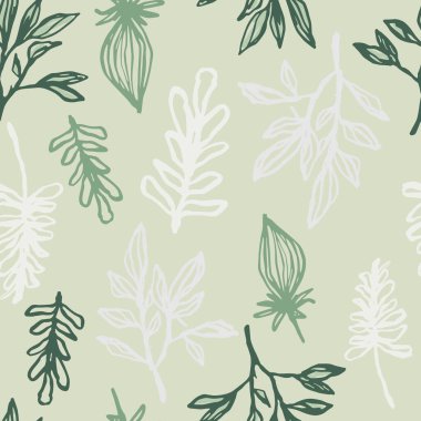 Beyaz ve yeşil, hatları çizilmiş, kusursuz süsleme deseni. Açık bej arka plan. Duvar kağıdı, tekstil, ambalaj kağıdı ve kumaş baskısı için tasarlanmış. Vektör illüstrasyonu.