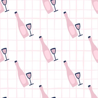 Şekillendirilmiş şarap şişesi ve kusursuz gözlük deseni. Beyaz kareli arka planda pembe renkli karalama alkol süsü. Duvar kağıdı, tekstil, ambalaj kağıdı, kumaş için mükemmel. Vektör illüstrasyonu.
