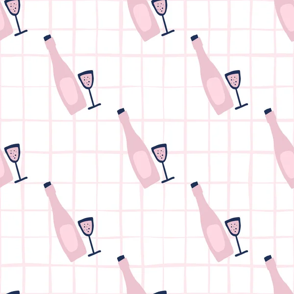 Gestileerde Wijnfles Glazen Naadloos Patroon Doodle Alcohol Ornament Roze Kleur — Stockvector