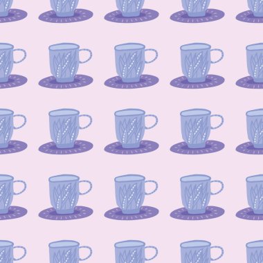 Bitkisel çay fincanı siluetleriyle basit, pürüzsüz bir desen. Açık pembe arka planda mavi süs. Stilize edilmiş parmak izi. Duvar kağıdı, tekstil, ambalaj kağıdı, kumaş baskısı için harika. Vektör illüstrasyonu.
