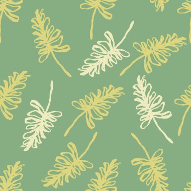 Rastgele yaylanan sarı ve beyaz çizgili dallar, pürüzsüz desen. Açık yeşil arka plan. Duvar kağıdı, tekstil, ambalaj kağıdı, kumaş baskısı için harika. Vektör illüstrasyonu.