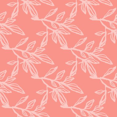 Minimalist çiçekli ana hatları, kusursuz desen. Beyaz kaplamalı pembe yumuşak arka plan. Duvar kağıdı, tekstil, ambalaj kağıdı, kumaş baskısı için harika. Vektör illüstrasyonu.