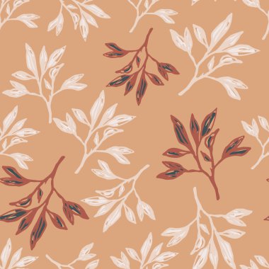 Dallı siluetlerle kusursuz sonbahar deseni. Turuncu arka planda beyaz çizgili botanik süsü. Duvar kağıdı, tekstil, ambalaj kağıdı, kumaş baskısı için mükemmel. Vektör illüstrasyonu.