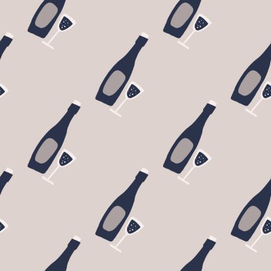 Rengi solmayan karalamalı şarap elementleri deseni. Gri arka plan, lacivert şişe ve cam. Duvar kağıdı, tekstil, ambalaj kağıdı, kumaş baskısı için mükemmel. Vektör illüstrasyonu.