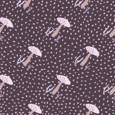 Basit, pürüzsüz desenli, mantar stili süslemeli. Noktalı koyu mor bir arka plan. Duvar kağıdı, tekstil, ambalaj kağıdı, kumaş baskısı için yaratıcı baskı. Vektör illüstrasyonu.