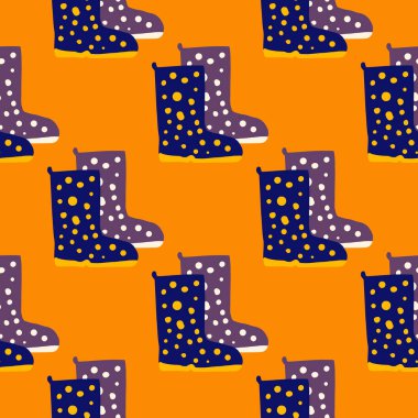 Çizme siluetleriyle parlak karalamalar. Turuncu arkaplanda noktalar olan mor ayakkabı süsü. Duvar kağıdı, tekstil, ambalaj kağıdı, kumaş baskısı için mükemmel. Vektör illüstrasyonu.
