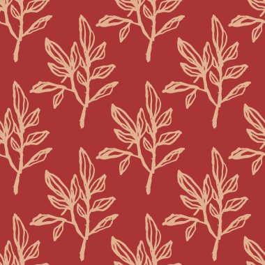 Açık ana hatlı yaprak süsleme deseni. Yaratıcı botanik elementleri olan açık kırmızı bir arka plan. Duvar kağıdı, tekstil, ambalaj kağıdı, kumaş baskısı için harika. Vektör illüstrasyonu.